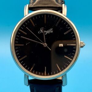 SONGDU D-9238M Men’s Fashion Quartz Wristwatch Date Display Leather Strap Works